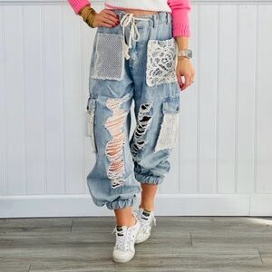 POL Blue Distressed Lace Patchwork Pants